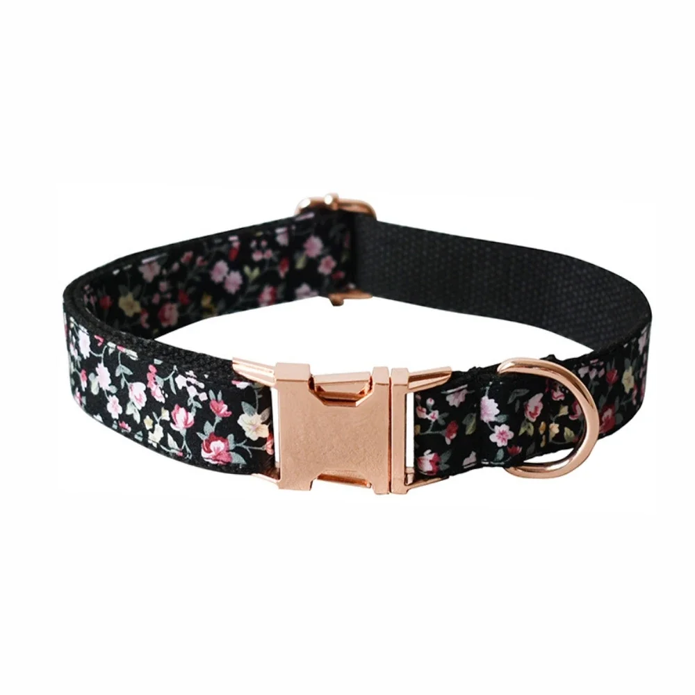 Collar personalizado con flor negra para mascotas, etiqueta de identificación para cachorros y gatos, nombre personalizado ajustable, hebilla de oro rosa, correa básica naranja para perros - imagen 2