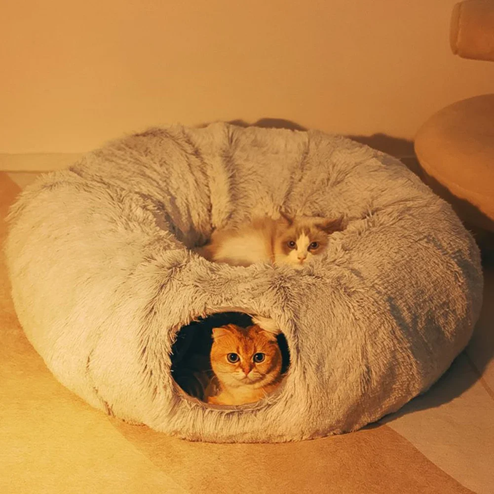 Cama tipo túnel plegable redonda para gatos y perros pequeños, cueva larga y cálida de felpa, cama para dormir de invierno para mascotas, refugio para dormir profundo - imagen 4