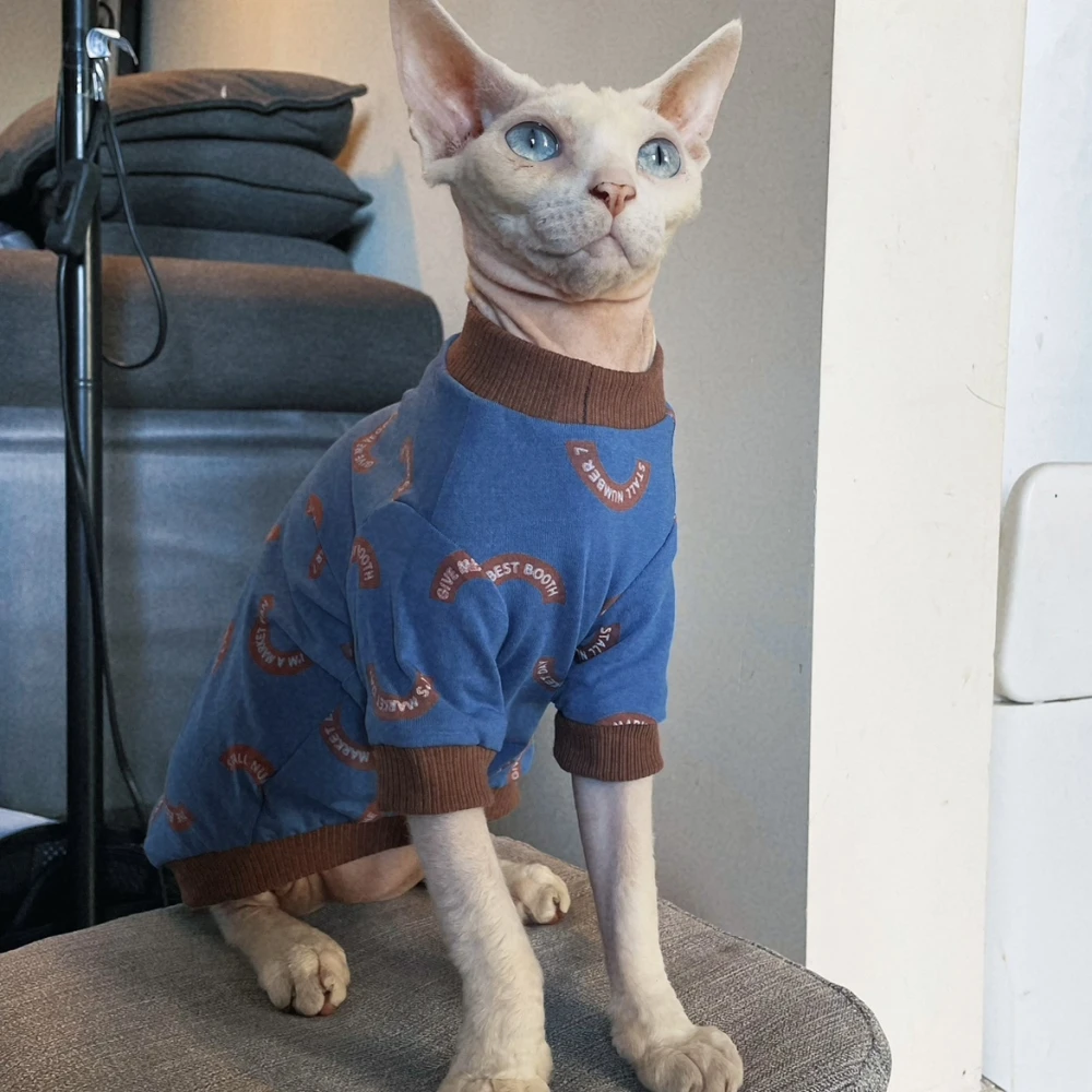Sudadera de algodón de primavera de ropa de gato Abrigo de dibujos animados Elestic para Sphynx Camiseta de letras azules de moda de gato para gatitos en verano - imagen 3