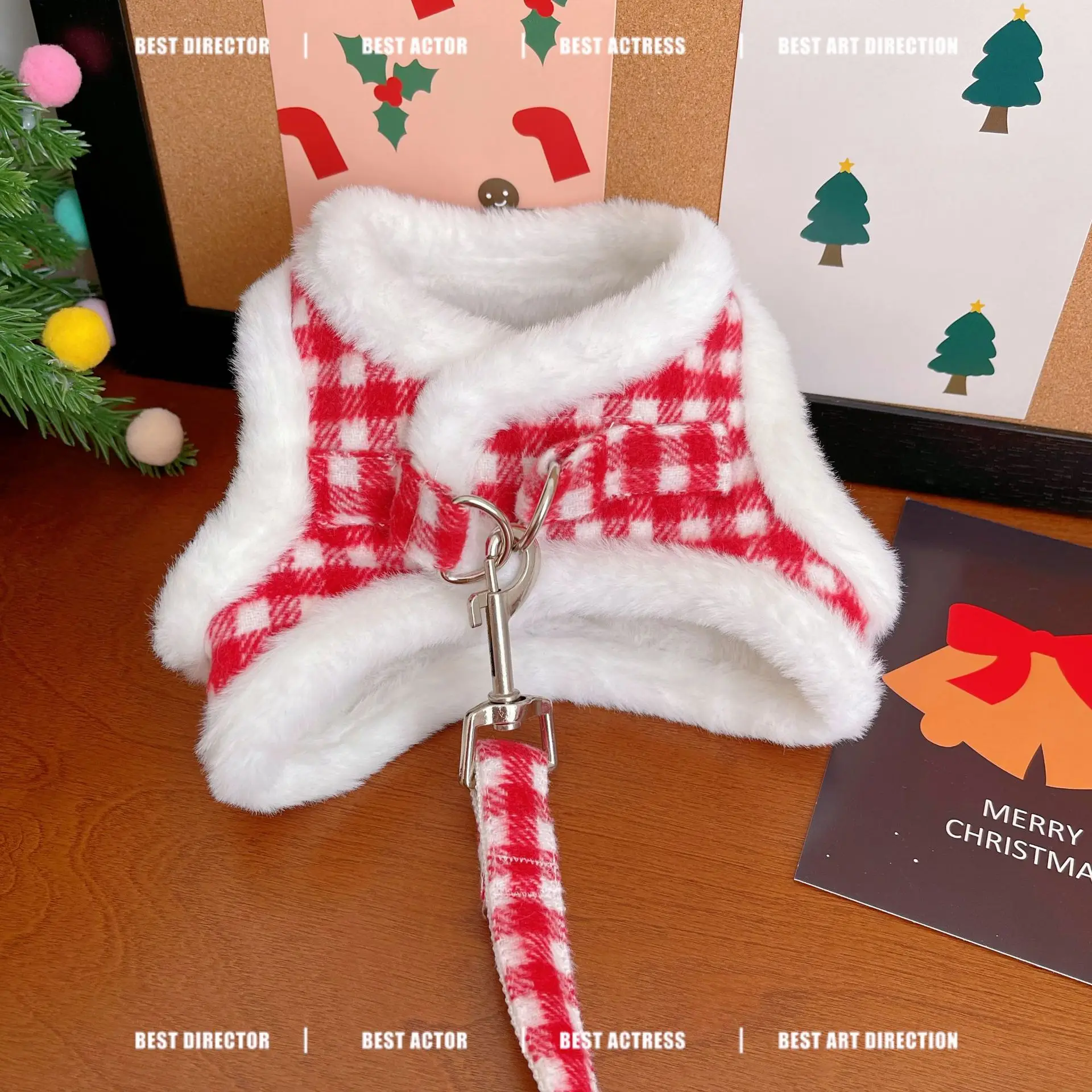 Conjunto de tracción a cuadros para Año Nuevo para mascotas, ropa para perros y gatos, chaleco, arneses de terciopelo grueso, abrigo de Navidad y Año Nuevo para Otoño e Invierno - imagen 3