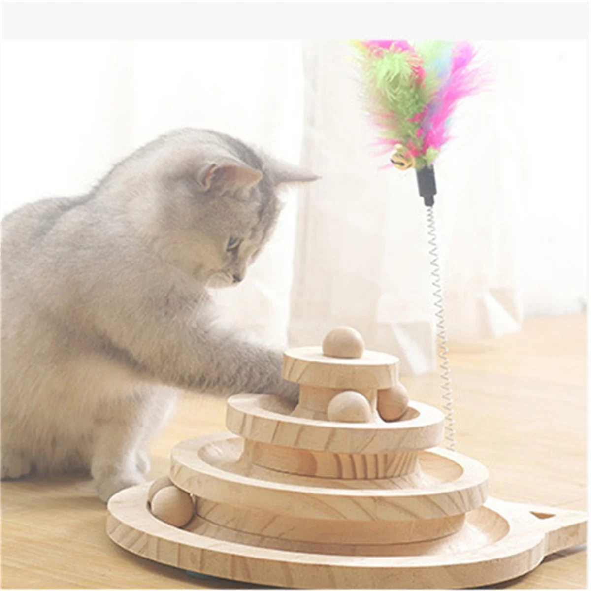 Torre de juguete de madera para Gato de 2/3 niveles, pistas de disco, diversión de inteligencia para gatos, disco de juego Triple, juguetes para gatos, juguetes de entrenamiento de pelota - imagen 2