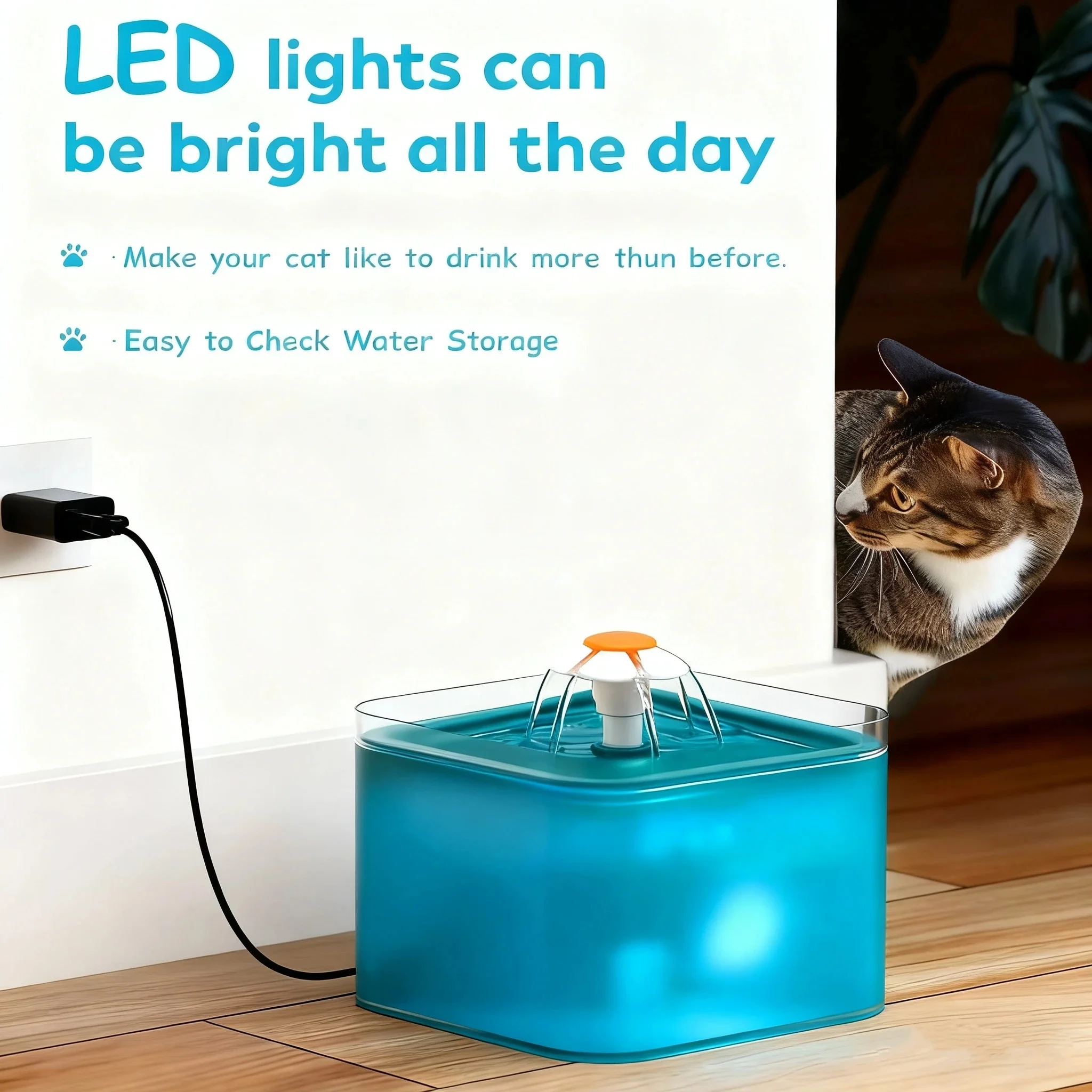Fuente de agua automática para gatos de 2L con luz nocturna LED, bomba silenciosa alimentada por USB con filtro para gatos y perros pequeños - imagen 2
