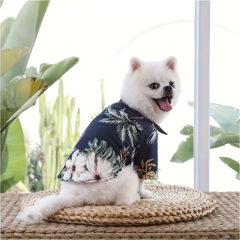 Camisa de perro estilo hawaiano sin mangas, camisa fina de playa de verano, ropa para mascotas lavable a máquina con estampado de árbol de coco y flores tropicales - imagen 3