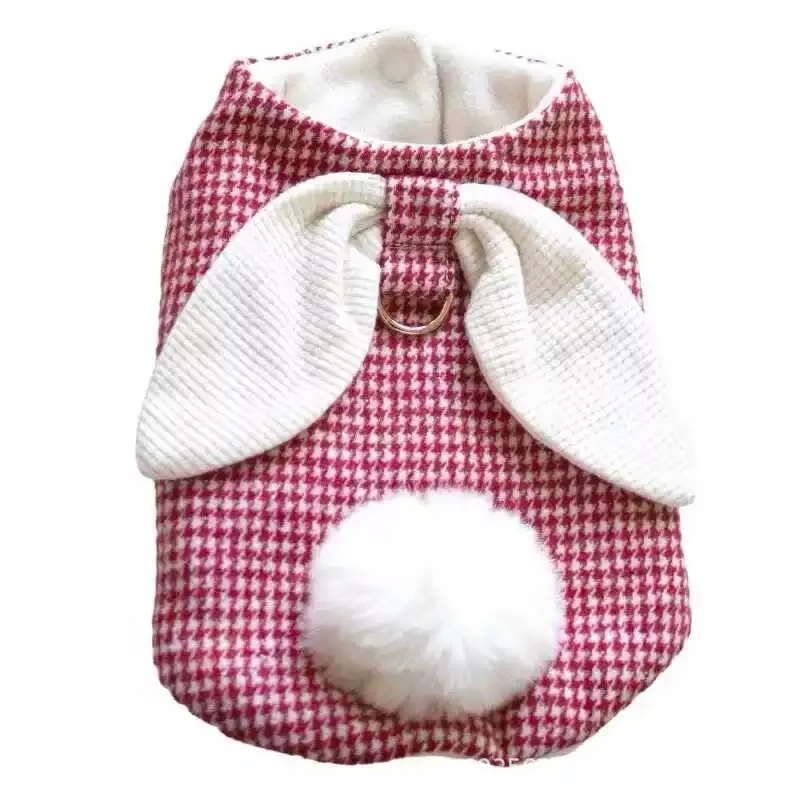 Abrigo a cuadros de otoño/invierno para mascotas, lindas Orejas de conejo con chaleco de terciopelo, camiseta sin mangas de peluche, ropa para perros pequeños, ropa para cachorros - imagen 5