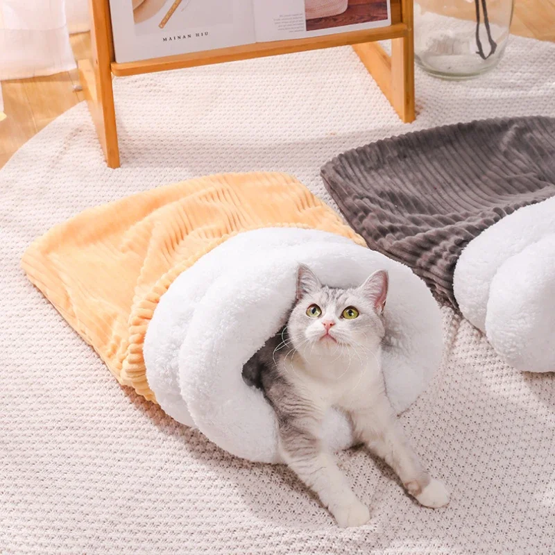 Saco de dormir de invierno para gatos, saco de dormir para mascotas, nido de algodón PP, semicerrado, cálido y cómodo, diseño de bolsillo grande - imagen 2