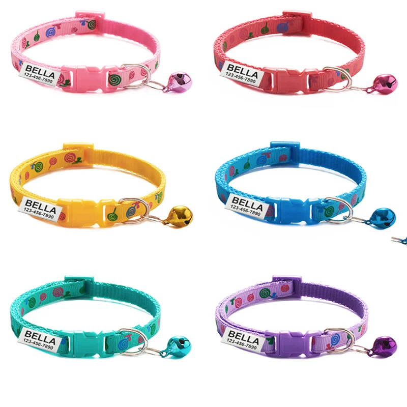 Collar de gato grabado antipérdida con campana, estampado de piruleta, etiqueta de identificación de nombre personalizada, accesorio personalizado para productos para mascotas - imagen 2