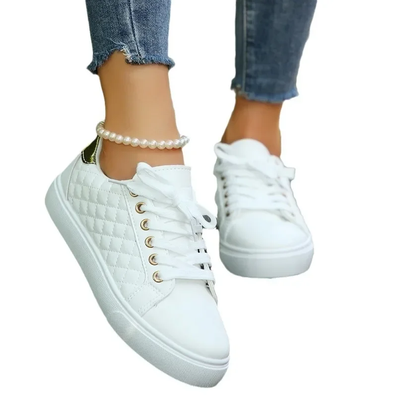Zapatillas de Tenis con plataforma para mujer, Tenis planos informales cómodos con cordones, vulcanizados, color blanco, 2024 - imagen 5