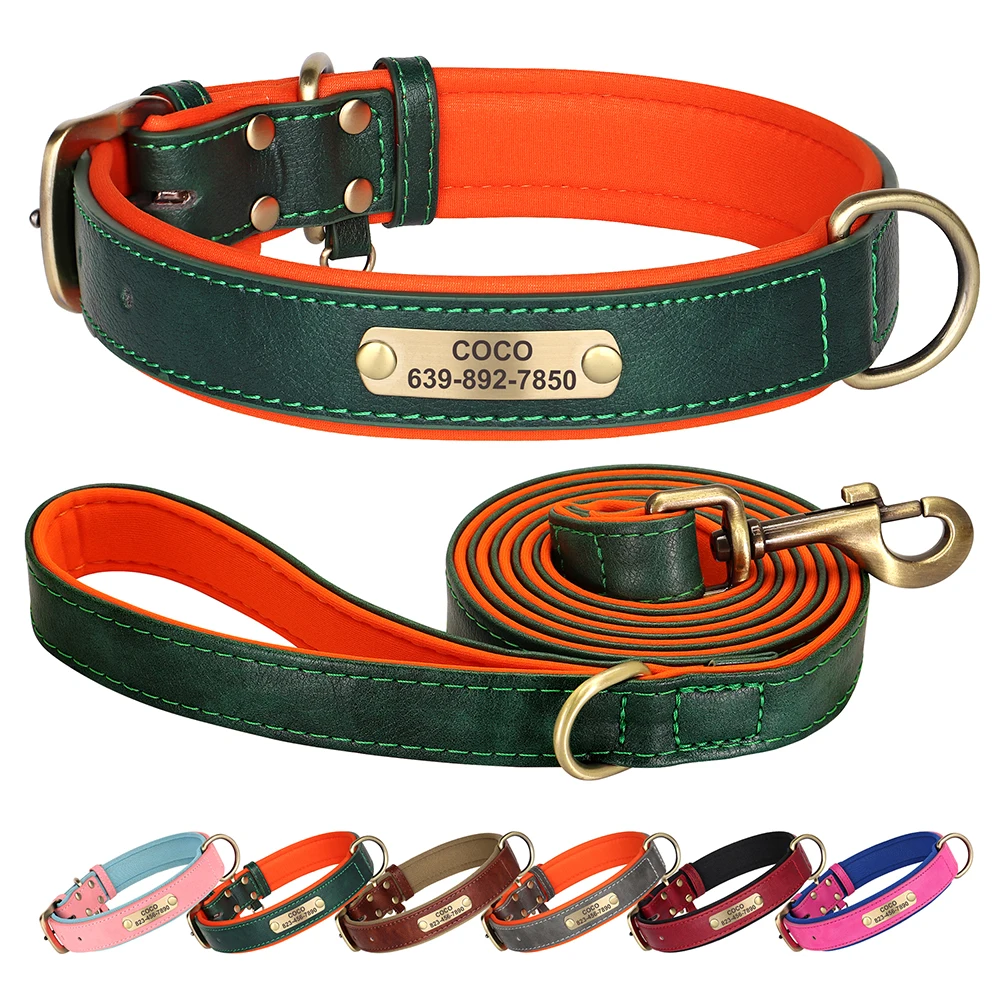 Conjunto de correa de cuero personalizado para perro, Collar acolchado suave con cuerda de plomo para caminar para mascotas, perros pequeños, medianos y grandes, Pug