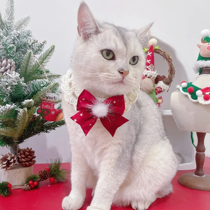 Pajarita navideña para mascotas, bufanda con bola de piel, Collar de corbata de Año Nuevo para perros y gatos, accesorio de toalla para babas para mascotas, accesorios para perros pequeños - imagen 3