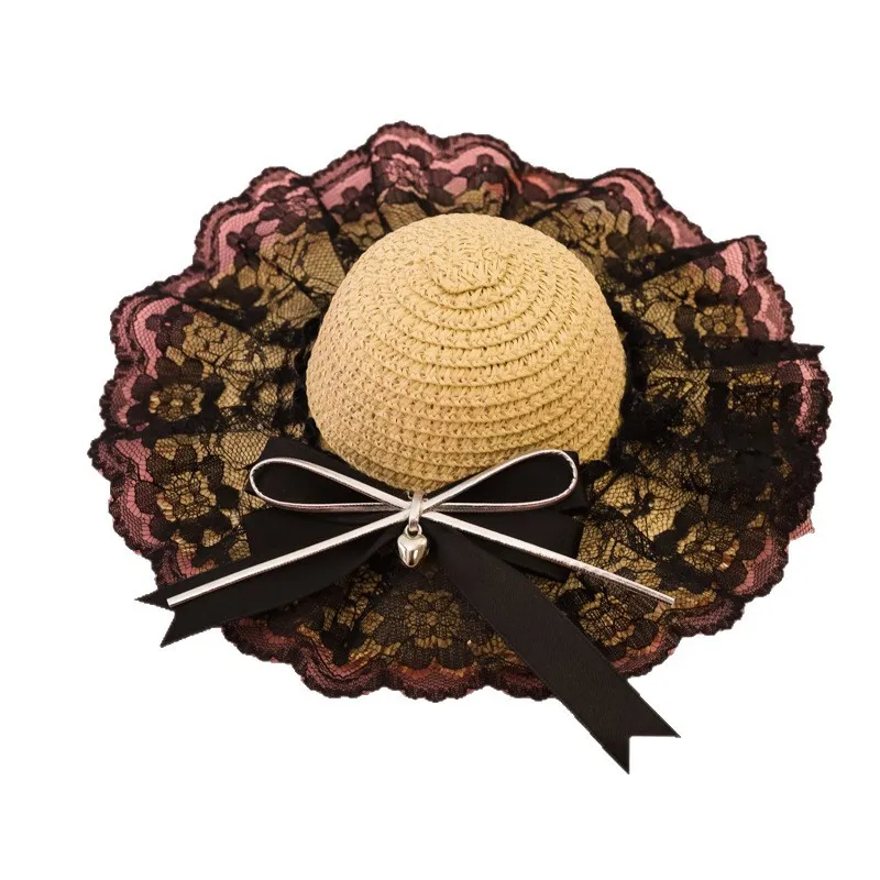 Sombrero de paja con perlas de encaje para mascotas, sombrero tejido para gatos, decoración, sombrilla, sombrero con lazo, accesorios para perros pequeños - imagen 5