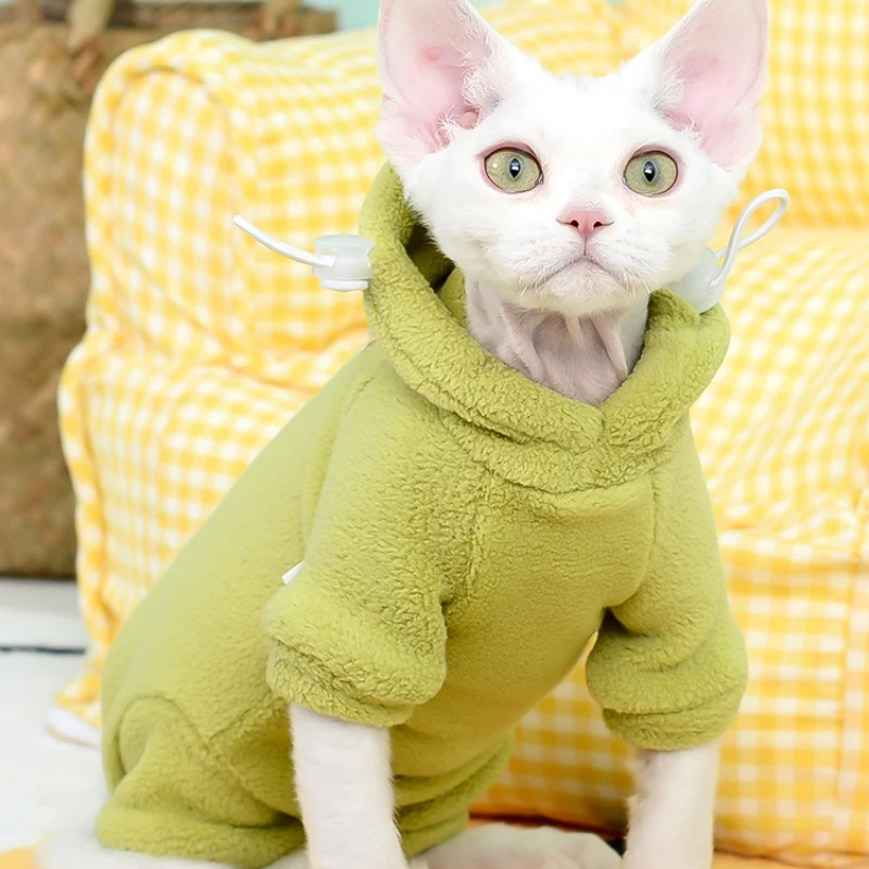 Suéter suave de cuatro patas de lana para gatos esfinges suéter grueso de invierno con capucha sudadera Roja y verde gatito devenrex abrigo otoño - imagen 5