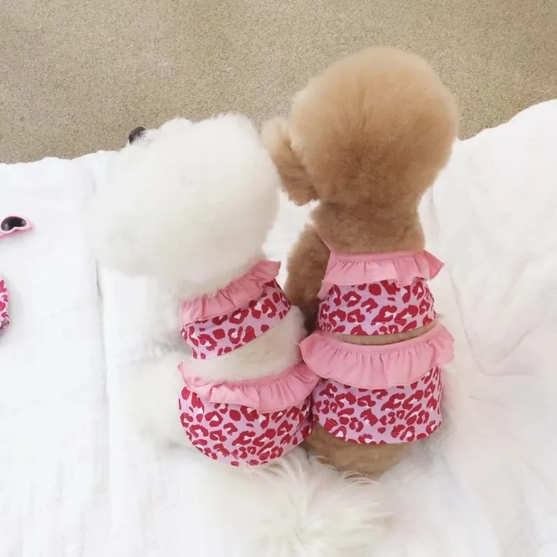 Chaleco Ins para cachorros, traje de baño rosa con estampado de leopardo para perros, traje de transformación para gatos con gorro de natación, Bikini con tirantes de una pieza, ropa para perros - imagen 3