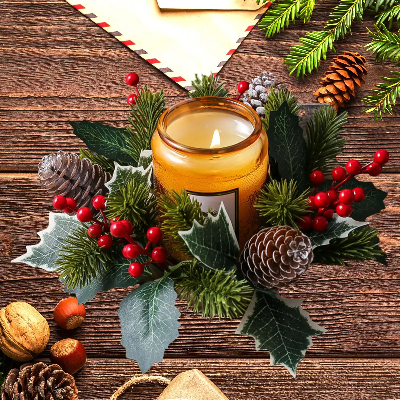 2xCandlestick Holder Pine Needle Garland Wedding Christmas Candle Ring Wreath