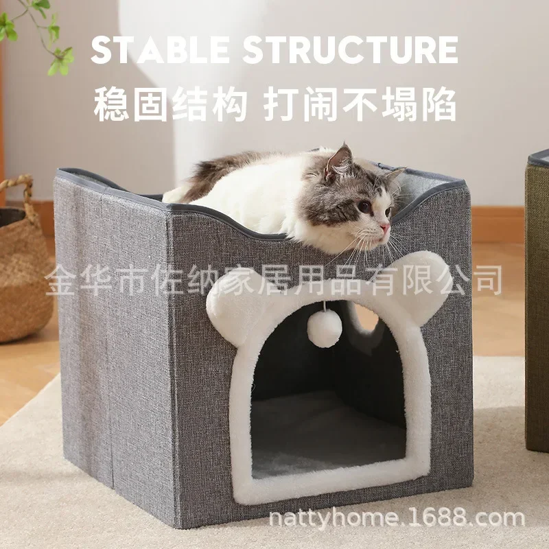 Nido para gatos de doble capa Universal para todas las estaciones, cálido en invierno, semicerrado, grande, extraíble y fácil de limpiar, nido plegable para mascotas - imagen 3