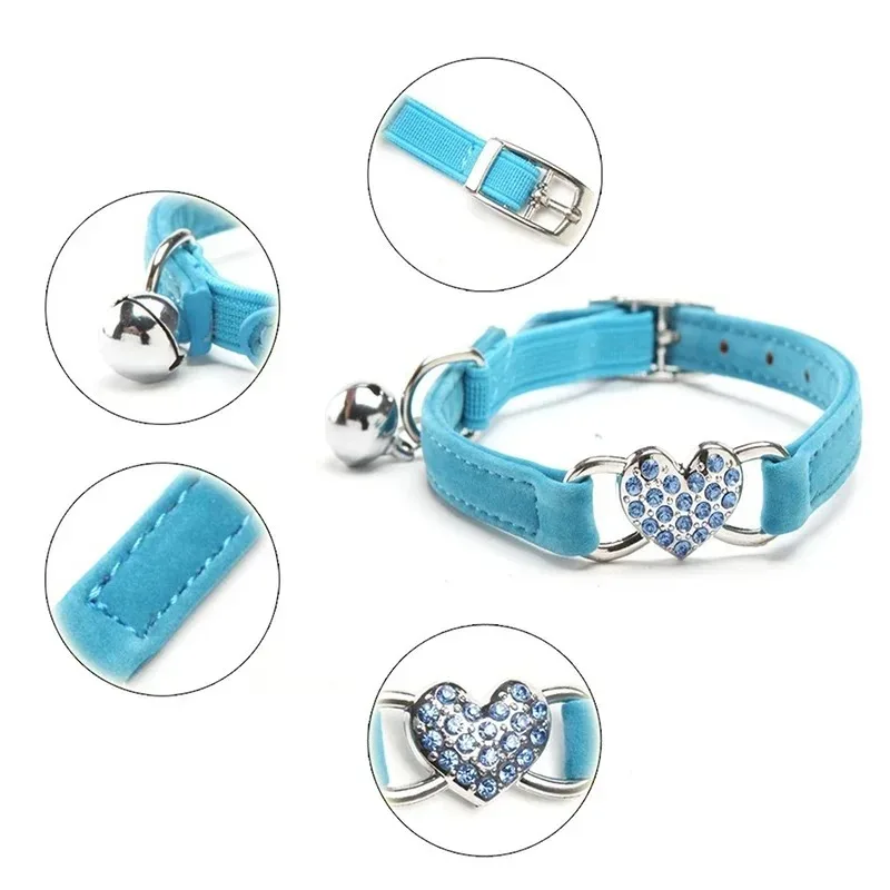 Collar de gato con dije de corazón y campana, elástico de seguridad ajustable con Material de terciopelo suave, producto para mascotas en 8 colores, Collar para perros pequeños - imagen 2