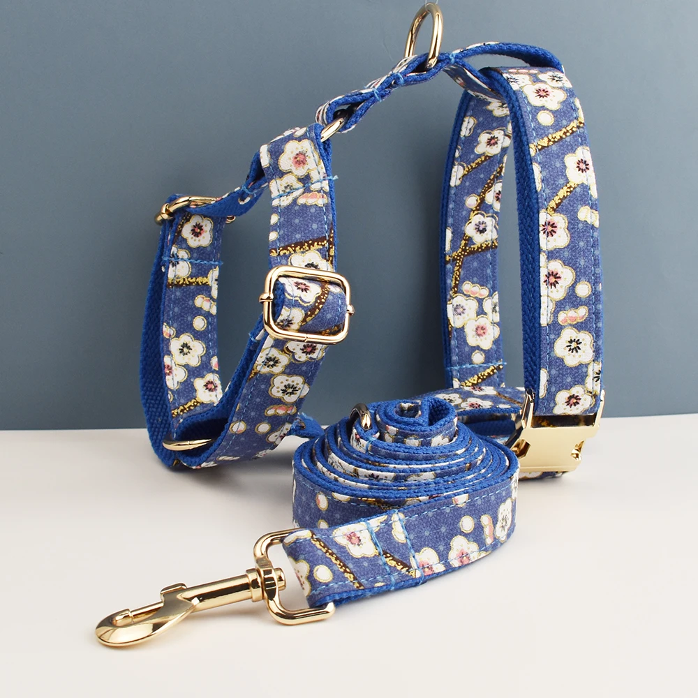Collar de perro grabado personalizado de lujo, conjunto de correa y arnés, diseño Floral de algodón suave, accesorio de lazo personalizado para perros 02 - imagen 3