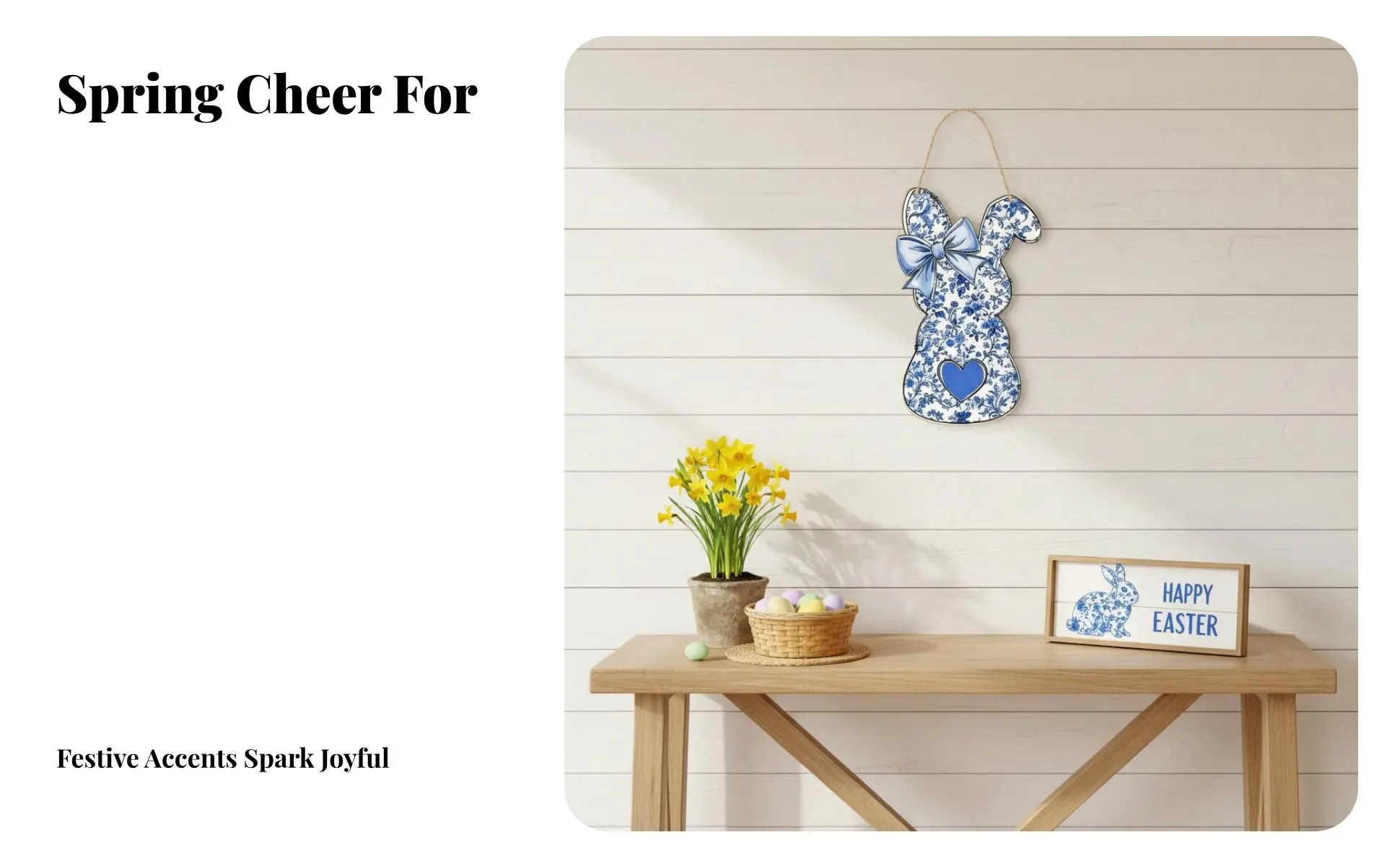 Letrero de conejo de madera con patrón floral azul y blanco
