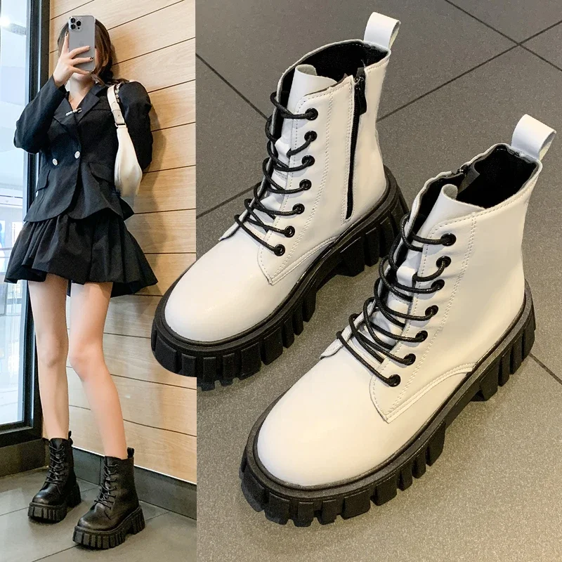 Botas de combate de plataforma gruesa blanca para Mujer, botines de cuero Pu con cremallera trasera, Botas de motocicleta con parte inferior gruesa Punk para Mujer