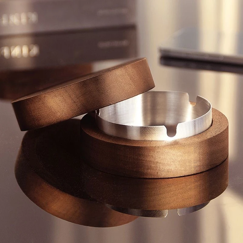 Ceniceros de madera de nogal con tapa, Cenicero cubierto a prueba de viento, revestimiento de acero inoxidable, Cenicero interior y exterior para el hogar - imagen 2