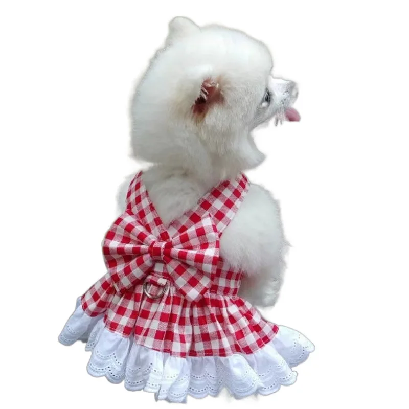 Vestido a cuadros rojo de Navidad para mascotas, ropa para perros, chaleco con lazo a cuadros para mascotas de verano para gatos, se puede tirar hacia fuera la parte superior para perros pequeños - imagen 5