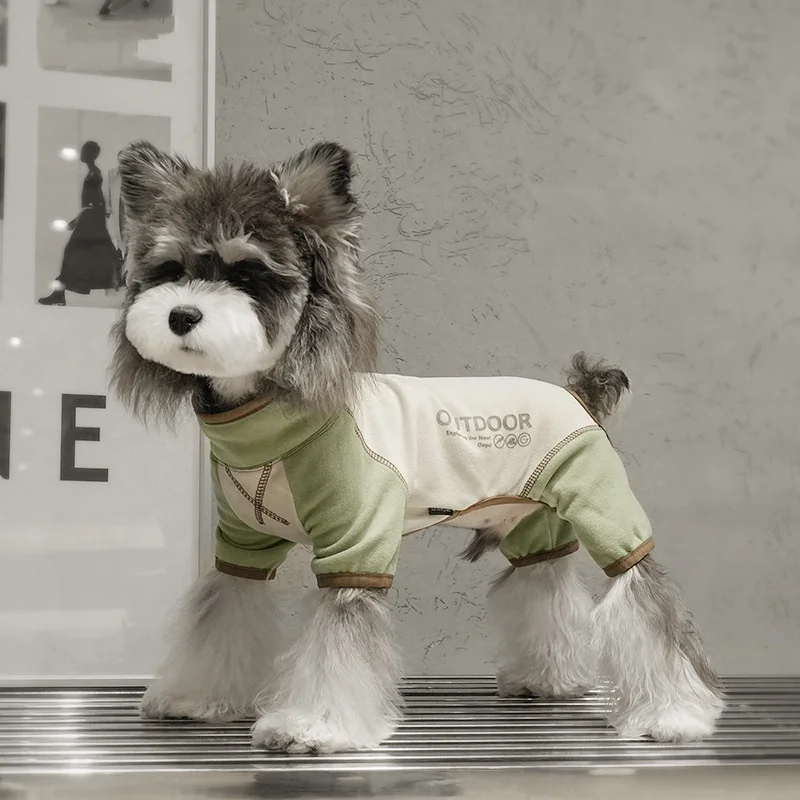Ropa para perros Polar verde Abrigo de 4 patas para Schnauzer Sudadera elástica de manga larga cálida para pijama de bloques de color - imagen 2