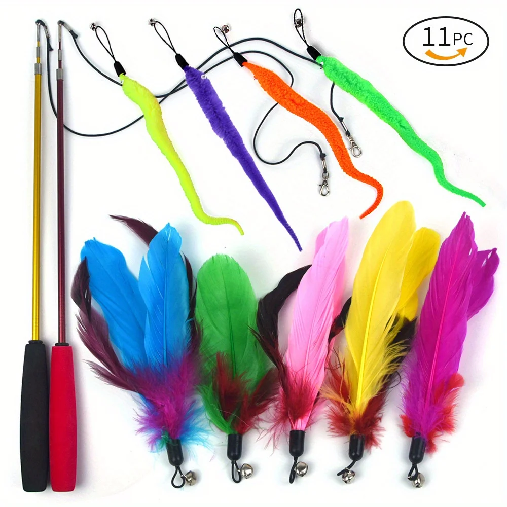 Paquete de 11 cañas de pescar retráctiles, divertido palo para gato, oruga para mascotas, cabezal de repuesto de plumas, juguetes para gatos, productos interactivos para mascotas