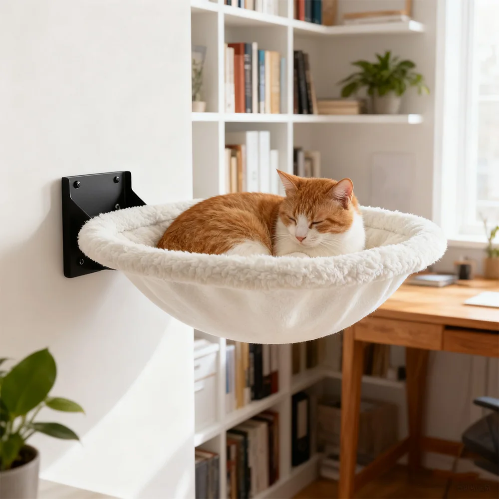 Hamaca para gatos montada en la pared, malla transpirable y cojines de felpa, opciones, cama colgante resistente para gatos para dormir y descansar en interiores - imagen 2