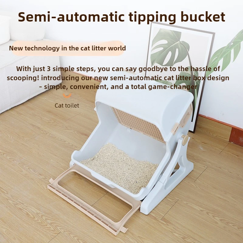 Caja de arena para gatos cerrada semiautomática con cubo basculante, caja de arena para gatos de gran capacidad, inodoro bonito de lujo para mascotas, suministros para mascotas
