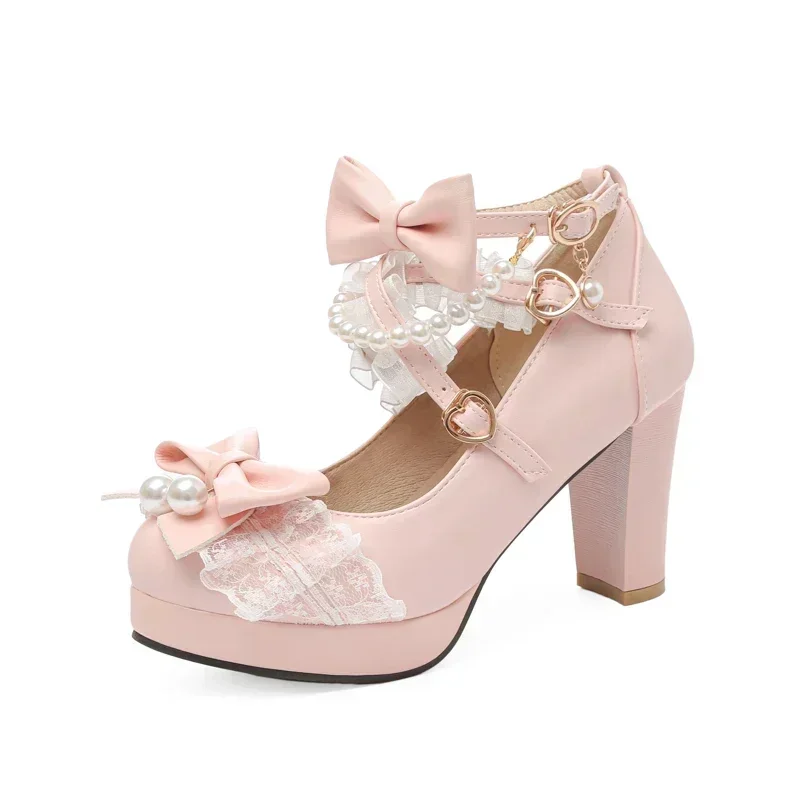 Zapatos de tacón alto con correa cruzada para mujer, zapatos de tacón Mary Jane para fiesta, boda, Cosplay, blanco, rosa, negro, lazo de fresa, Cosplay de princesa, zapatos Lolita - imagen 4