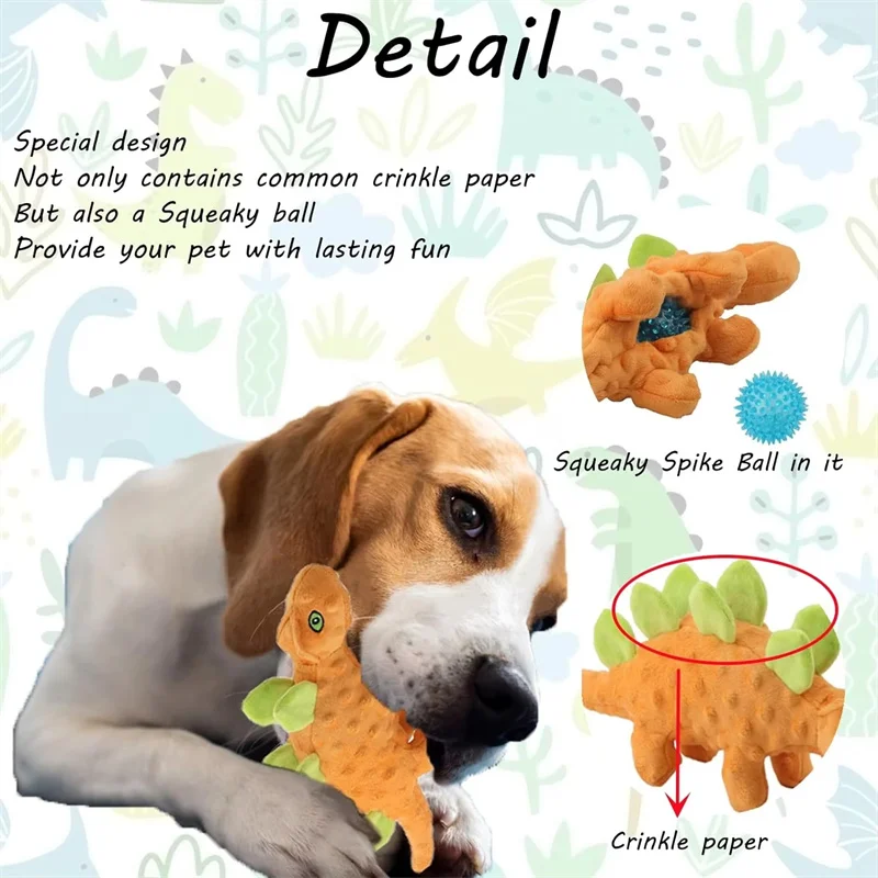 Juguetes de dinosaurio de peluche chirriantes para perros, juguetes interactivos indestructibles, relleno de felpa, suministros para mascotas, juguetes molares para masticar perros pequeños - imagen 3