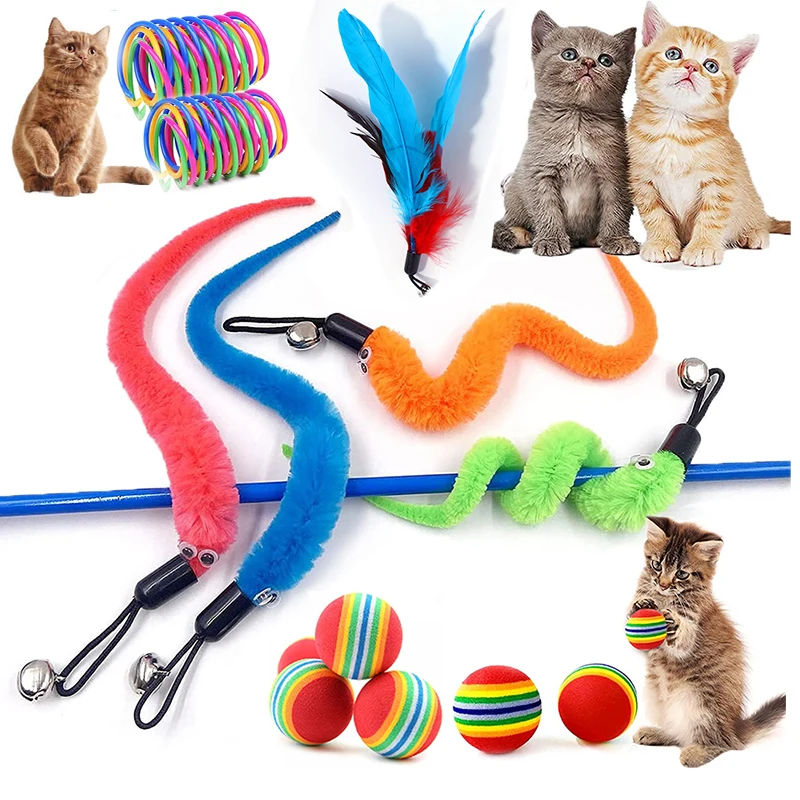 Accesorios de juguete interactivos de plumas de gato, juguete de gusano de ratón falso con campana de repuesto, bola de espuma, juguetes de entrenamiento para gatitos, 5-100 piezas