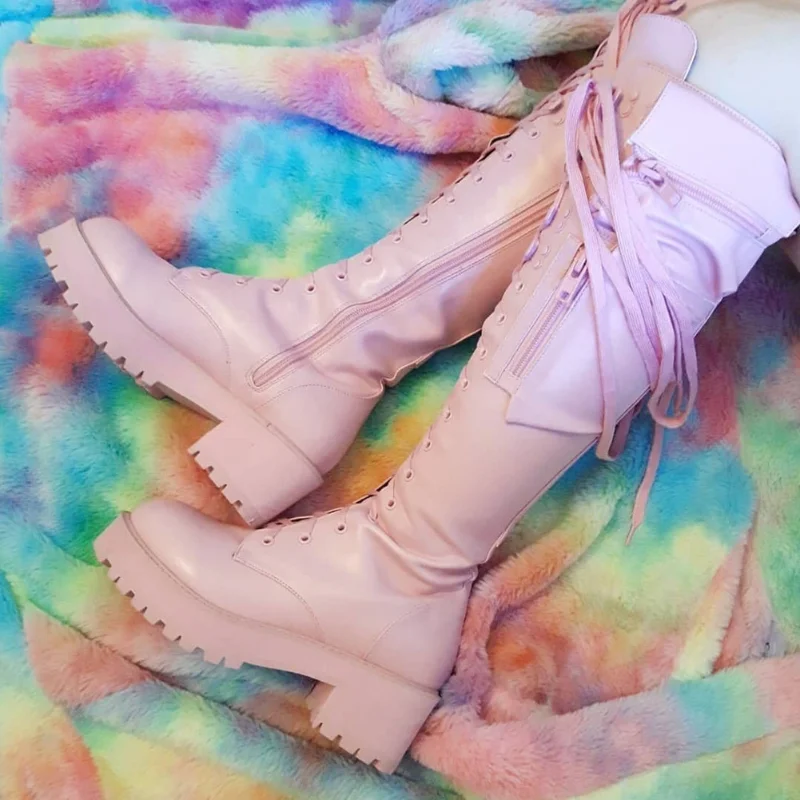 Botas hasta la rodilla para mujer, diseño gótico fresco con cremallera, bolsillo con cordones, tacón grueso, zapatos de alta calidad, moda mujer Popualr, talla grande 35-43 - imagen 4