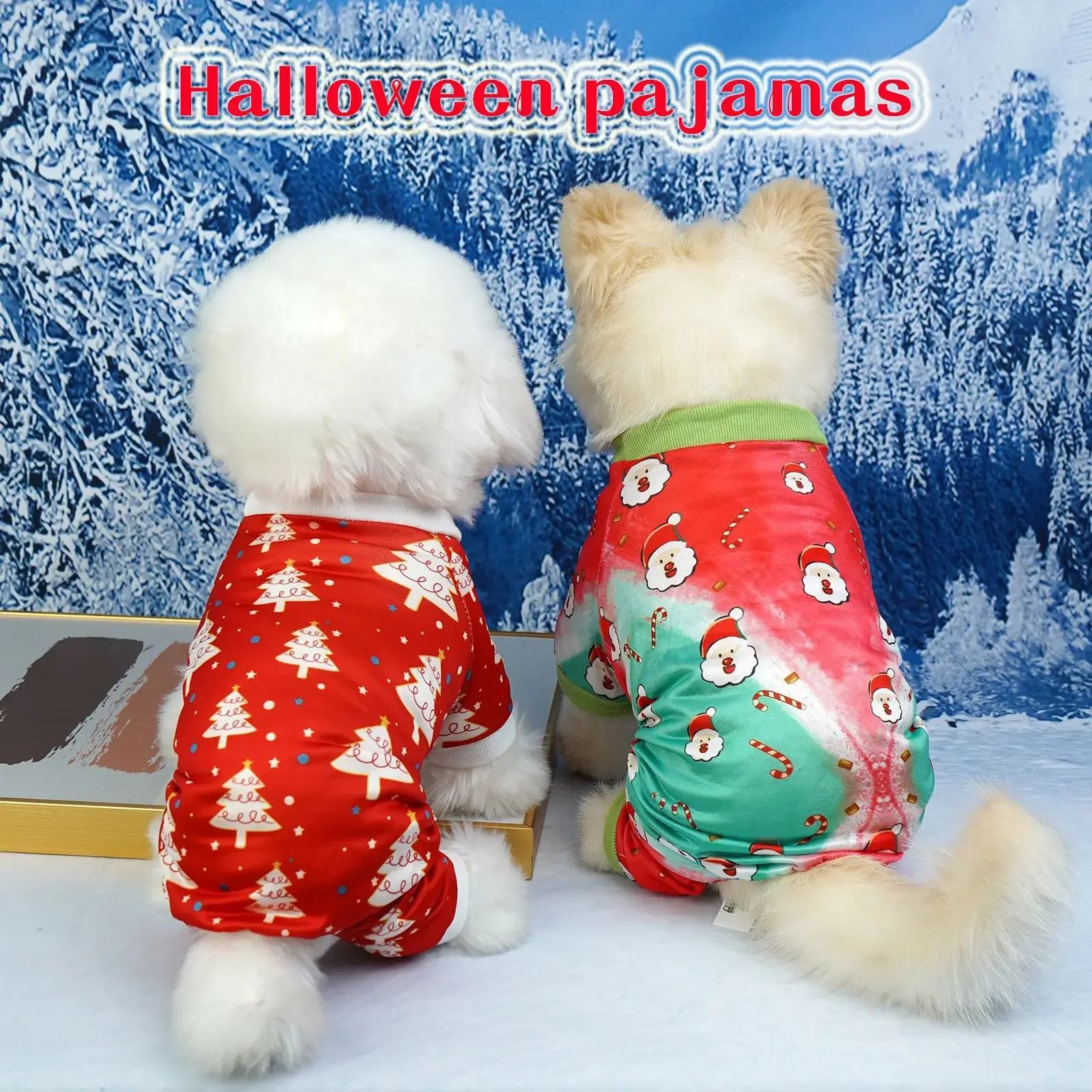 Ropa festiva para perros pequeños y medianos, pijamas navideños para perros, mono de cuatro patas con estampado de Papá Noel y árbol de Navidad - imagen 2