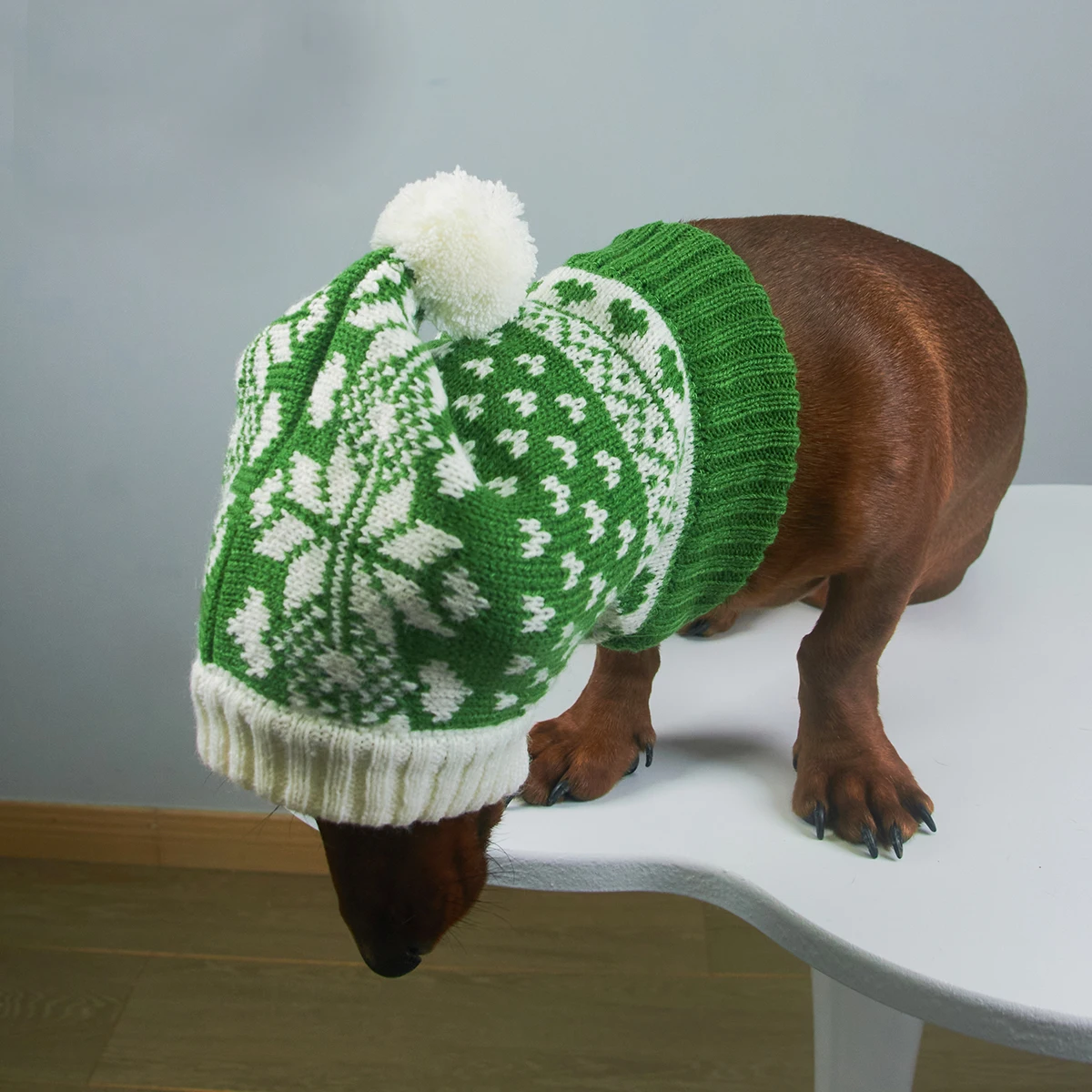 Gorro rojo verde de Navidad de Año Nuevo para perros Wiener, Jersey cálido de invierno, gorro de punto para perros salchicha, gorro de cuello alto para salchichas - imagen 4
