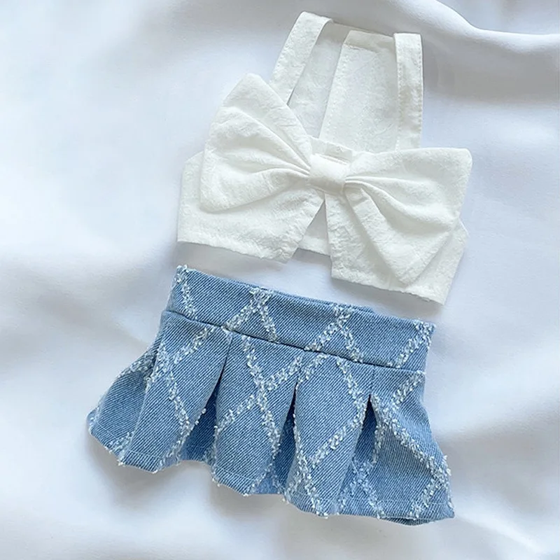 Pet primavera Denim Patchwork arco chaleco vestido gato Denim Plaid chaleco camiseta medio conjunto vestidos para perros pequeños ropa para cachorros