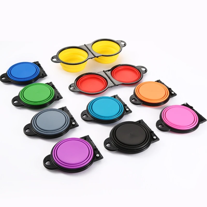Cuenco plegable para mascotas, cuenco de arroz para perros, cuenco doble plegable de salida portátil de una pieza, suministros para mascotas para perros al aire libre