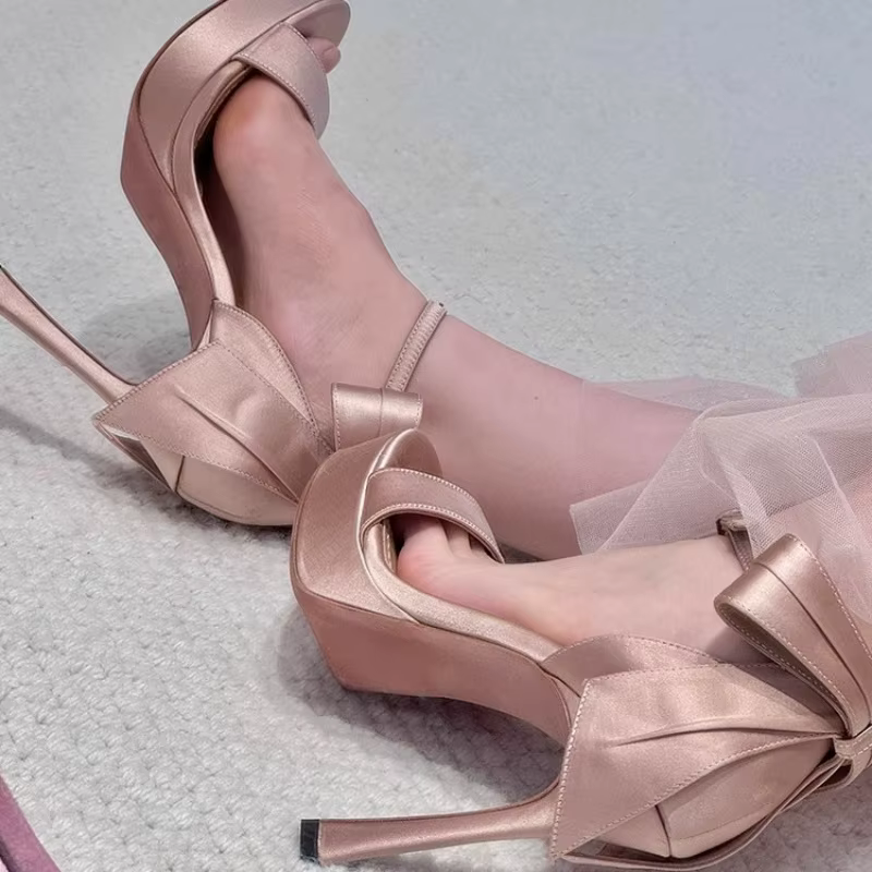 Sandalias de tacón aguja con lazo champagne para mujer eventos fiestas - imagen 3
