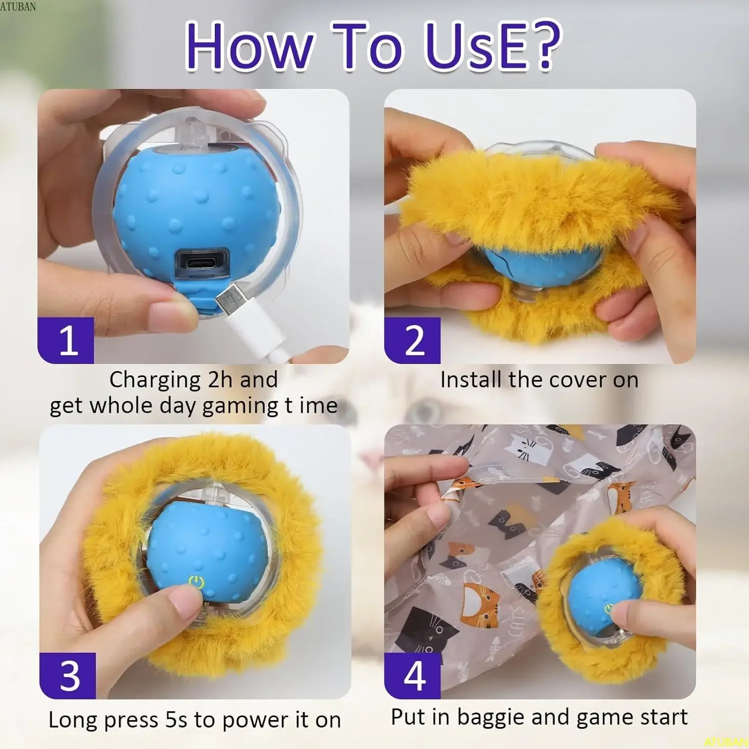 ATUBAN-pelota interactiva para gatos, juguete para gatitos que se monta rápidamente, activación de movimiento, juego para atrapar ratones - imagen 4