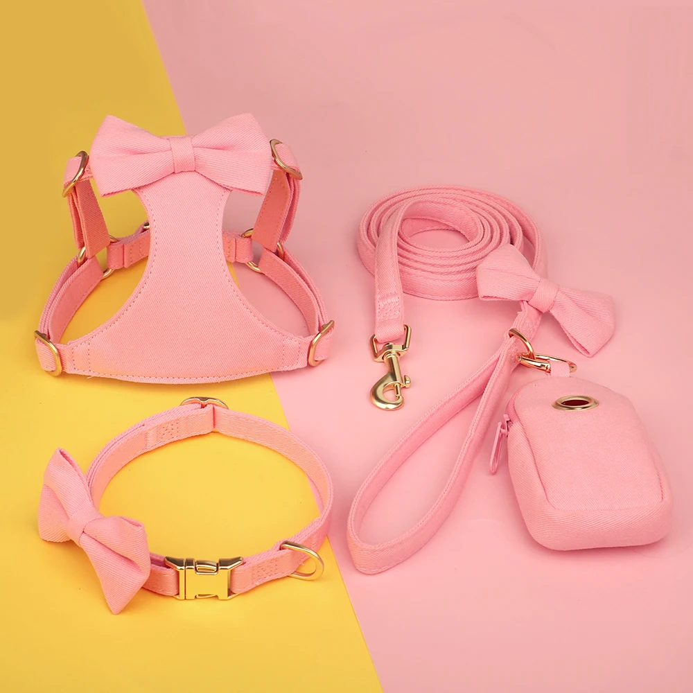 Collar de nailon para perro, conjunto de correa con bonito pajarita, Collar para perro, bolsa para caca de cachorro, chaleco con arnés suave para perros pequeños y medianos, 5 colores - imagen 2