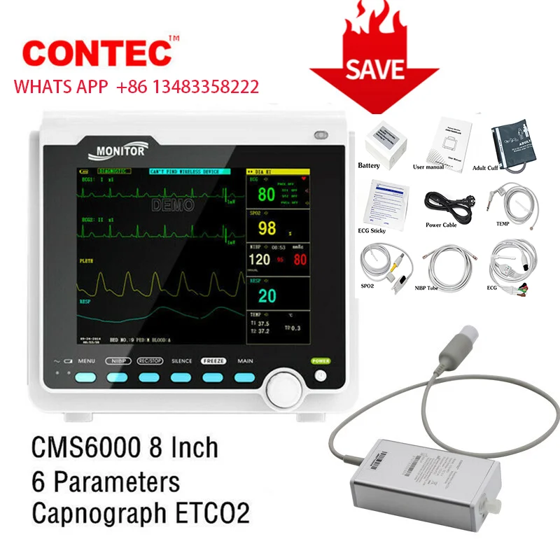 CONTEC CMS6000 Monitor portátil para pacientes con 6 parámetros, monitor de signos vitales, ECG NIBP RESP SPO2 PR TEMP - imagen 3