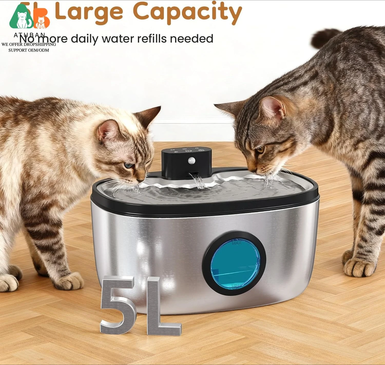 Bebedero inalámbrico acero inox para gatos y perros 5L ultra silencioso - imagen 4