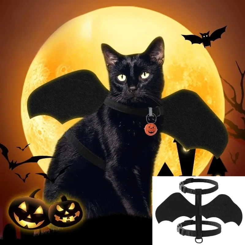Alas de murciélago para gato mascota, decoración para fiesta de Halloween, bonito Collar para cachorro, disfraz de murciélago, accesorios de vestir con campana de calabaza