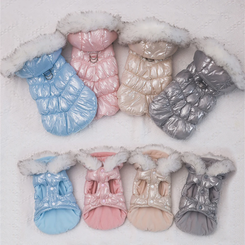 Chaqueta de invierno a la moda para perros, abrigo cálido de lana para mascotas para perros pequeños, Yorkshire Shih Tzu, cuello de piel de lujo, ropa para cachorros - imagen 3