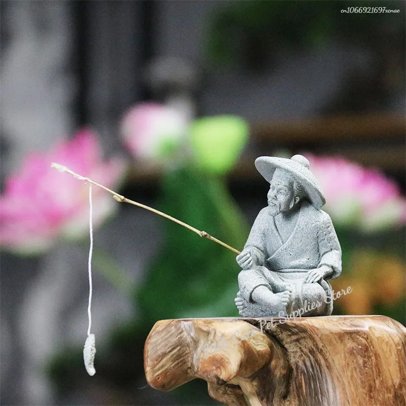 Decoración de pecera, piedra arenisca de pesca sentada, adorno Vintage, Mini estatua de pescador, decoración asiática para habitación Zen, 1 ud. - imagen 2