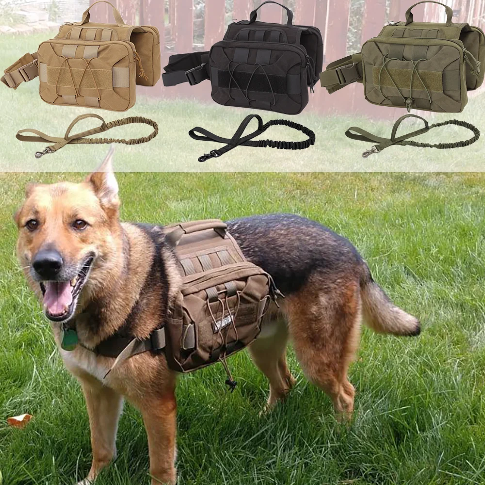 Arnés para perros con bolsillos laterales, conjunto de correa, mochila militar Molle, servicio para perros, arnés táctico, bolsas para perros medianos y grandes