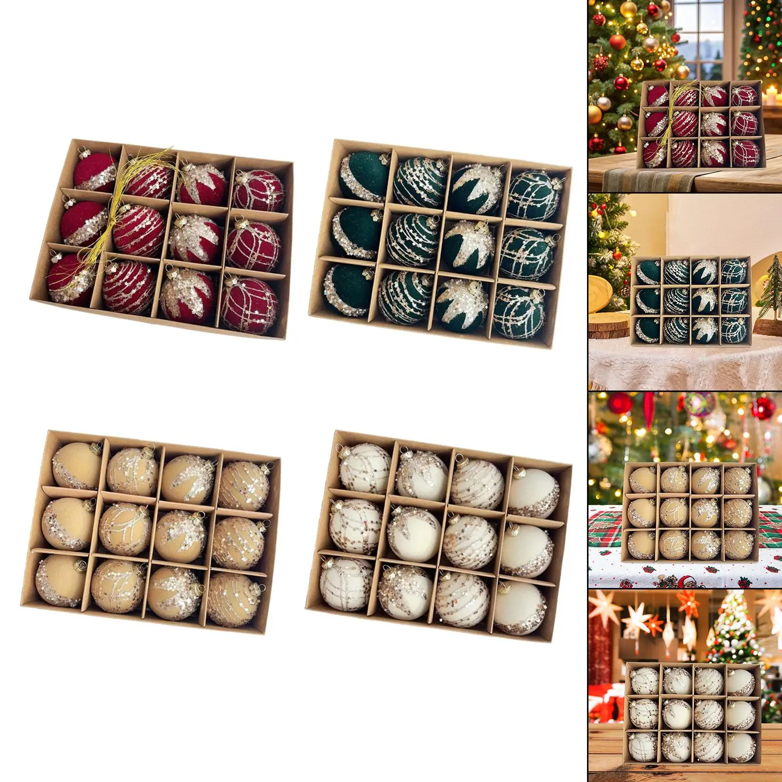 Glitter Christmas Balls Set Flocking Tree Hanging Ornaments for Christmas Home Decoration and Parties