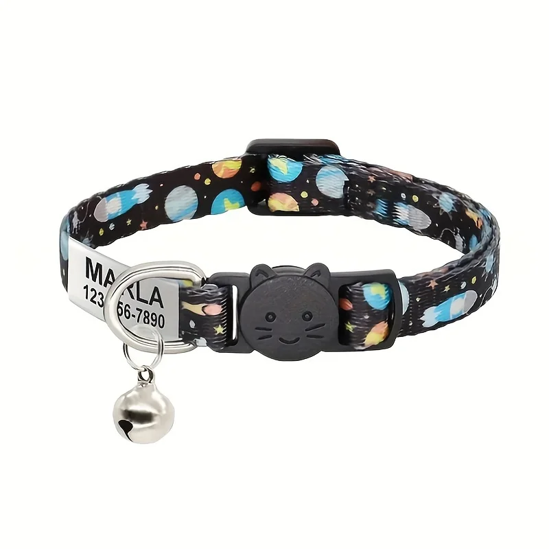 Collar ajustable personalizado con diseño de planeta espacial para mascotas, hebilla de seguridad de nailon para gatos, perros pequeños, etiqueta de identificación grabada, nombre, dirección telefónica - imagen 2