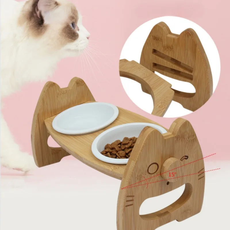 Cuenco de cerámica para comida para gatos, alimentador elevado de bambú para mascotas, vajilla, dispensador de agua para perros, contenedor para beber para cachorros y gatitos de altura ajustable - imagen 2