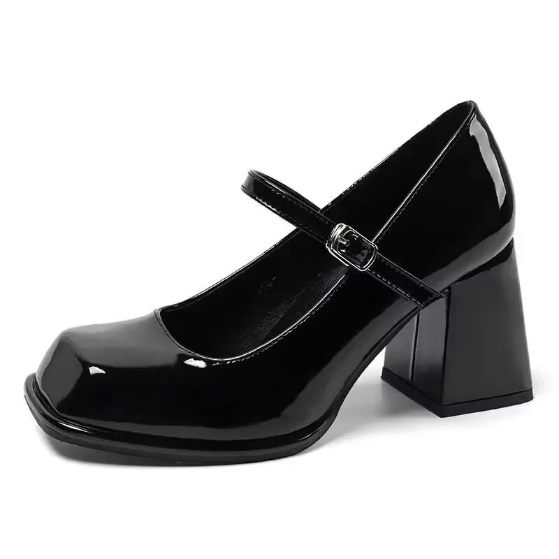 Mary Janes-Sandalias negras Vintage para mujer, zapatos de tacón medio informales antideslizantes con hebilla, elegantes, sólidos, coreanos, para verano, 2024 - imagen 4