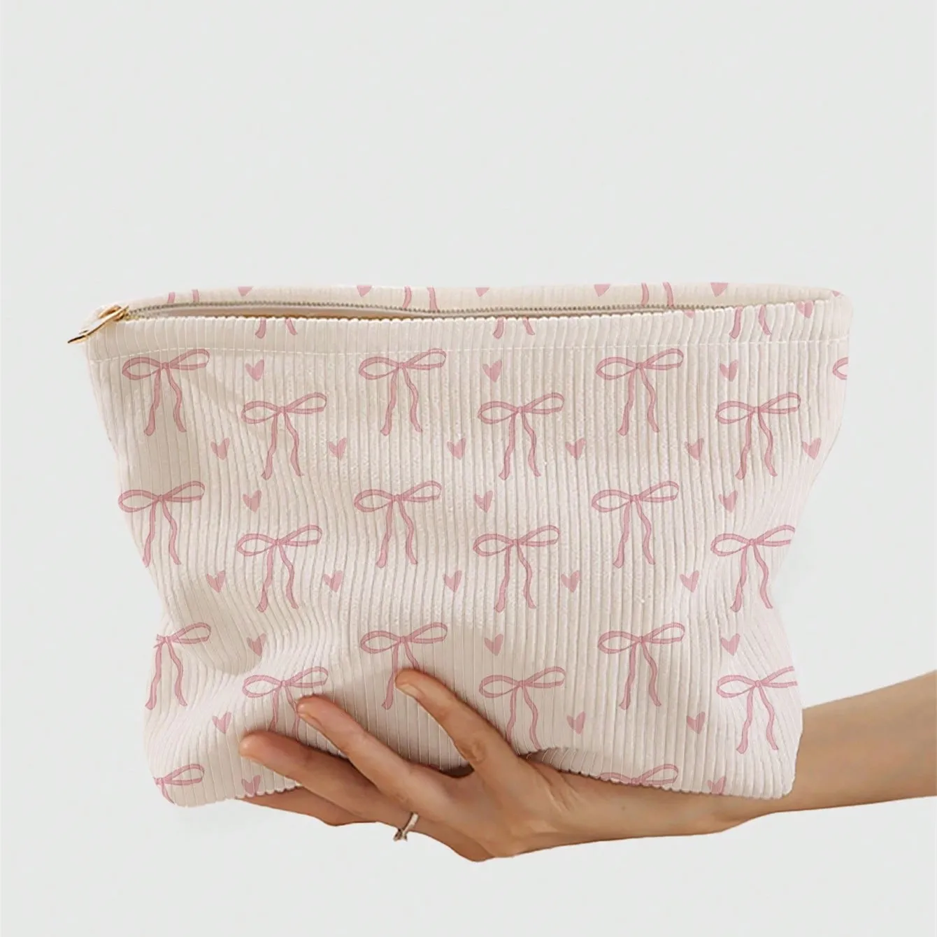 Bolsa de cosméticos con lazo rosa, organizador de maquillaje con cremallera de pana, bolsa de almacenamiento de cosméticos portátil ligera para mujer, bolso de viaje - imagen 2